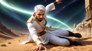 a detailed epic poster,   a handsome white muslim man  fall to the ground,  DonMASKTexXL , 