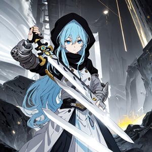 Solo, woman, light blue hair, very long hair, blue eyes, black hood, cybernetic hand, (holding big sword:1.2), dessert, sahara, glowing sword, outdoor, best quality, ultra-detailed, masterpiece, intricate,Maruyama Akane