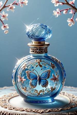 shine blue glass perfume bottle with butterfly decoration on top of a lace tablecloth, an engraving by Johanna Marie Fosie, flickr, art nouveau, antique perfume, perfume bottle, beautiful intricate glass bottle, pretty, beautiful”, beutiful, gorgeous, with soft blue colors, perfume, very cute, elegant. highly detailed,with cherry blossom on it ,glitter