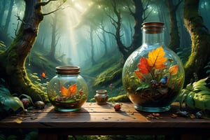 art by Mandy Disher, digital art 8k, Jean-Baptiste Monge style, art by cameron gray, masterpiece, best quality, high quality, extremely detailed CG unity 8k wallpaper, scenery, outdoors, sky, cloud, day, (An intricate forest minitown landscape trapped in a bottle), atmospheric oliva lighting, on the table, 4k UHD, dark vibes, hyper detailed, vibrant colours forest background, epic composition, octane render, sharp focus, high resolution isometric, Photorealistic, trending on artstation, trending on CGsociety, Intricate, dramatic, art by Razumov and Volegov, art by Carne Griffiths and Wadim Kashin rutkowski, hyperrealism painting