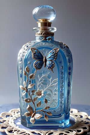 shine blue glass perfume bottle with butterfly decoration on top of a lace tablecloth, an engraving by Johanna Marie Fosie, flickr, art nouveau, antique perfume, perfume bottle, beautiful intricate glass bottle, pretty, beautiful”, beutiful, gorgeous, with soft blue colors, perfume, very cute, elegant. highly detailed,with cherry blossom on it ,glitter