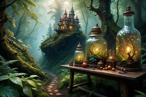 art by Mandy Disher, digital art 8k, Jean-Baptiste Monge style, art by cameron gray, masterpiece, best quality, high quality, extremely detailed CG unity 8k wallpaper, scenery, outdoors, sky, cloud, day, (An intricate forest minitown landscape trapped in a bottle), atmospheric oliva lighting, on the table, 4k UHD, dark vibes, hyper detailed, vibrant colours forest background, epic composition, octane render, sharp focus, high resolution isometric, Photorealistic, trending on artstation, trending on CGsociety, Intricate, dramatic, art by Razumov and Volegov, art by Carne Griffiths and Wadim Kashin rutkowski, hyperrealism painting