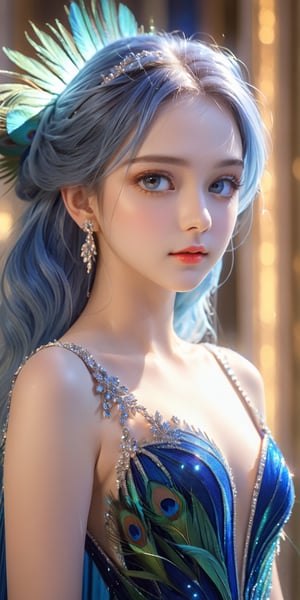 ((masterpiece))),(((best quality))),((super detailed)),((extremely delicate and beautiful)),cinematic light,detailed environment,(real),
1girl,solo,exposed collarbone,exposed shoulders,(Milky skin:1.2),(shiny skin:1.5),blue eyes, make-up,long blue hairs,free style,
jewelry,necklace,earrings,makeup,(brilliant 
 light and dark touquos dress:1.3),(full body:0.7),
A shot with tension,(xuer peacock feather),
ultra realistic,32k,RAW photo,(high detailed skin:1.2), 8k uhd, dslr, soft lighting, high quality, film grain
