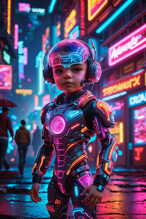 (best quality,8K,highres,masterpiece), ultra-detailed, (3D cyborg), cute and tiny boy rendered in 3D, transformed into a cyborg with neon glowing body parts. The boy's mechanical enhancements are adorned with vibrant colors, creating a visually stunning and colorful appearance. Each detail of the cyborg's design is meticulously crafted, from the intricacies of the mechanical components to the luminous glow of the neon lights. The overall composition exudes a sense of playfulness and wonder, inviting viewers into a futuristic world where technology and creativity collide in a mesmerizing display of artistry.