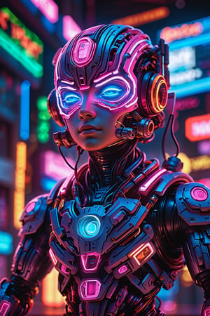 (best quality,8K,highres,masterpiece), ultra-detailed, (3D cyborg), cute and tiny boy rendered in 3D, transformed into a cyborg with neon glowing body parts. The boy's mechanical enhancements are adorned with vibrant colors, creating a visually stunning and colorful appearance. Each detail of the cyborg's design is meticulously crafted, from the intricacies of the mechanical components to the luminous glow of the neon lights. The overall composition exudes a sense of playfulness and wonder, inviting viewers into a futuristic world where technology and creativity collide in a mesmerizing display of artistry.