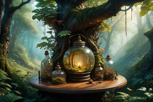 art by Mandy Disher, digital art 8k, Jean-Baptiste Monge style, art by cameron gray, masterpiece, best quality, high quality, extremely detailed CG unity 8k wallpaper, scenery, outdoors, sky, cloud, day, (An intricate forest minitown landscape trapped in a bottle), atmospheric oliva lighting, on the table, 4k UHD, dark vibes, hyper detailed, vibrant colours forest background, epic composition, octane render, sharp focus, high resolution isometric, Photorealistic, trending on artstation, trending on CGsociety, Intricate, dramatic, art by Razumov and Volegov, art by Carne Griffiths and Wadim Kashin rutkowski, hyperrealism painting