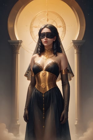 score_9, score_8_up, score_7_up, score_6_up, koling, woman, solo, standing, looking forward, gold blindfold, veil, intricate black lace dress,gloves, elbow gloves, golden back circle,high contrast,(atmospheric perspective:1.4),oil panting, otherworldly, celestial light