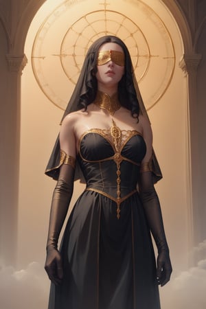 score_9, score_8_up, score_7_up, score_6_up, koling, woman, solo, standing, looking forward, gold blindfold, black veil, intricate black dress,lace,gloves, elbow gloves, golden back circle,high contrast,(atmospheric perspective:1.4),oil panting, otherworldly, celestial light