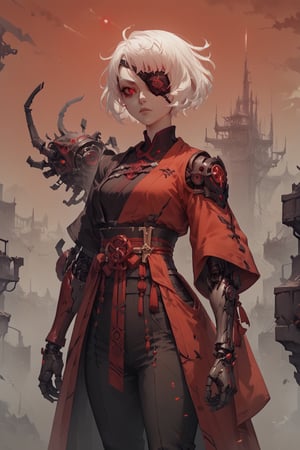 score_9, score_8_up, score_7_up, score_6_up, koling, OverallDetail, 1girl, solo, mechanical arm, short white hair, eye patch, red eyes, high black pants,concept art, black and white open kimono, city background