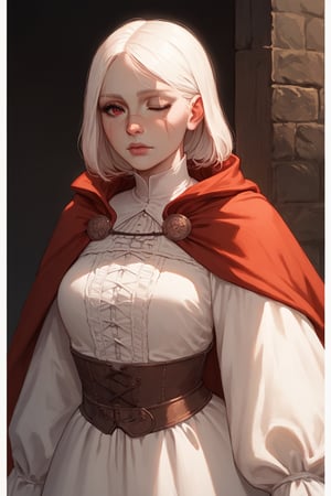 (score_9,score_8_up,score_7_up), Expressiveh, source_western, 1girl, albino, cowboy_shot, black plain clothes, red cape, one eyed, scar on cheek, red eye, medieval setting