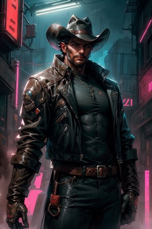 cowboy shot of a man, using a cyberpunk cowboy outfit, armor arms, cowboy hat, leather jacket, suit