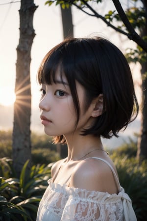 主：(Misty woods under sunset),(((face photo))),(from the side),
人：1litte 1kid 7yo gril (Child:1.2), Korean beauty,
優：With a very high artistic composition style,Film photo texture,
髮：(((bangs))),(((bright short hair))),
服：Off-the-shoulder,Open collar sheer tulle,