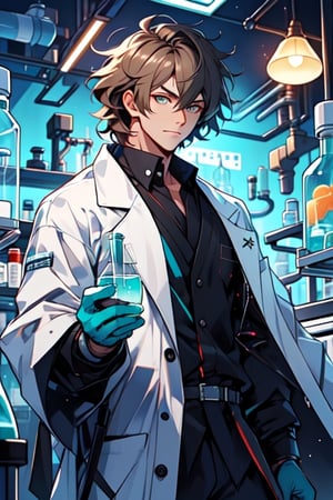 masterpiece, highly_detailed, 1_guy, alone, white_coat, shaggy_hair, middle_length_hair, light_brown_hair, fair_skin, teal_eyes, thick_body, laboratory_background, holding_test_tubes, nervous, chemist, handsome,best quality,Colors,nodf_lora