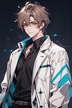 masterpiece, highly_detailed, 1_guy, alone, white_coat, shaggy_hair, middle_length_hair, light_brown_hair, fair_skin, teal_eyes, thick_body, laboratory_background, nervous, chemist, handsome,best quality,Color, black_shirt, simple, simple_clothes