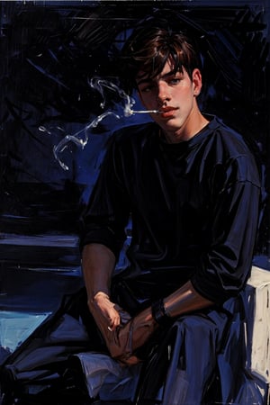 impressionist painting, impressionist,1boy, smoking, handsome, sexy, dynamic pose, modern clothes, modern setting, half body, relaxed, sitting on a couch, black shirt, dark room, informal clothes,1guy