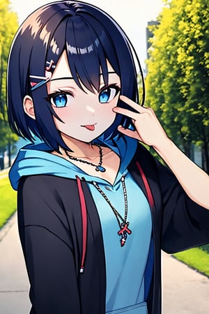 (masterpiece),(best quality), 

(closed mouth:1.1), upper body, tongue out, akanbe,

open clothes, shorts, blue eyes, necklace, blue shirt, outdoors, hood,

hair ornament, upper body, outdoors, hairclip, hoodie, short hair,  hand_up