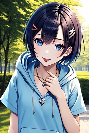 (masterpiece),(best quality), 

(closed mouth:1.1), upper body, (hand up:1.2), tongue out, akanbe,

open clothes, shorts, blue eyes, necklace, blue shirt, outdoors, hood,

hair ornament, upper body, outdoors, hairclip, hoodie, short hair,  hand_up