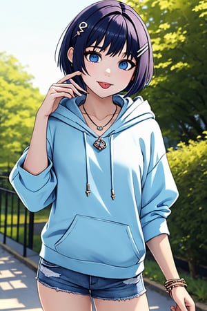 (masterpiece),(best quality), 

(closed mouth:1.1), upper body, (hand up:1.2), tongue out, akanbe,

open clothes, shorts, blue eyes, necklace, blue shirt, outdoors, hood,

hair ornament, upper body, outdoors, hairclip, hoodie, short hair,