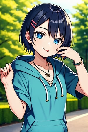 (masterpiece),(best quality), 

(closed mouth:1.1), upper body, tongue out, akanbe,

open clothes, shorts, blue eyes, necklace, blue shirt, outdoors, hood,

hair ornament, upper body, outdoors, hairclip, hoodie, short hair,  hand_up