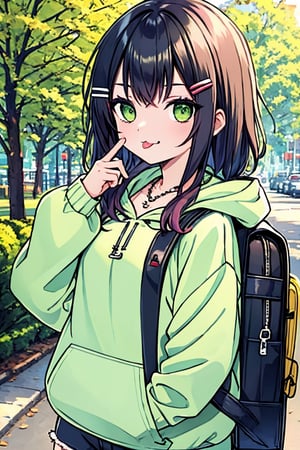 (masterpiece),(best quality), 

(closed mouth:1.1), upper body, (hand up:1.2), tongue out, akanbe,

open clothes, shorts, green eyes, necklace, green shirt, outdoors, hood,

hair ornament, upper body, outdoors, hairclip, bag, hoodie, backpack, hood down, hooded jacket, black bag