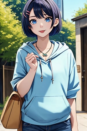 (masterpiece),(best quality), 

(closed mouth:1.1), upper body, (hand up:1.2), tongue out, akanbe,

open clothes, shorts, blue eyes, necklace, blue shirt, outdoors, hood,

hair ornament, upper body, outdoors, hairclip, bag, hoodie, short hair,