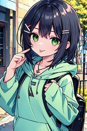 (masterpiece),(best quality), 

(closed mouth:1.1), upper body, (hand up:1.2), tongue out, akanbe,

open clothes, shorts, green eyes, necklace, green shirt, outdoors, hood,

hair ornament, upper body, outdoors, hairclip, bag, hoodie, backpack, hood down, hooded jacket, black bag