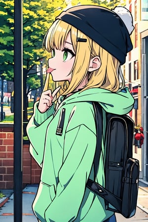 (masterpiece),(best quality), 

(closed mouth:1.1), upper body, (hand up:1.2), tongue out, akanbe,

open clothes, shorts, green eyes, necklace, green shirt, outdoors, hood,

hair ornament, upper body, outdoors, solo focus, hairclip, bag, from side, black headwear, hoodie, profile, backpack, hood down, hooded jacket, sign, beanie, black bag