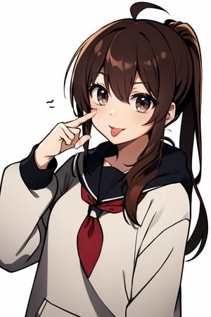 (masterpiece),(best quality), 

(closed mouth:1.1), upper body, ahoge,  (hand up:1.2), tongue out,  :p, akanbe, hoddie, sweater, open clothes, sneakers

1girl, solo, long hair, looking at viewer, simple background, brown hair,  white background, brown eyes, upper body, tongue, tongue out, neckerchief, :p, folded ponytail, akanbe
