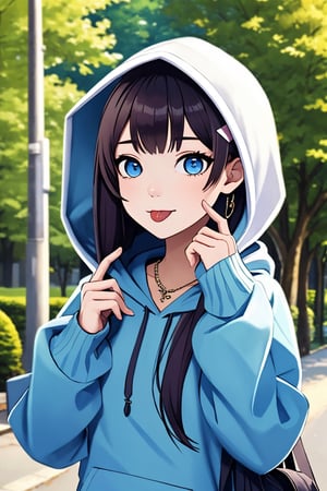(masterpiece),(best quality), 

(closed mouth:1.1), upper body, (hand up:1.2), tongue out, akanbe,

open clothes, shorts, blue eyes, necklace, blue shirt, outdoors, hood,

hair ornament, upper body, outdoors, hairclip, bag, hoodie, hood down, hooded jacket,