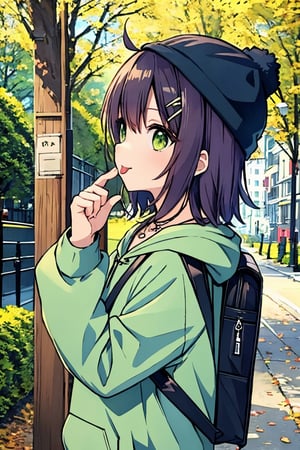 (masterpiece),(best quality), 

(closed mouth:1.1), upper body, ahoge,  (hand up:1.2), tongue out,  :p, akanbe,

open clothes, shorts, green eyes, necklace, green shirt, outdoors, hood,

hair ornament, upper body, outdoors, solo focus, hairclip, bag, from side, black headwear, hoodie, profile, backpack, hood down, hooded jacket, sign, beanie, black bag
