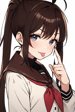 (masterpiece),(best quality), 

(closed mouth:1.1), upper body, ahoge,  (hand up:1.2), tongue out,  :p, akanbe,

1girl, solo, long hair, looking at viewer, simple background, brown hair, long sleeves, white background, brown eyes, upper body, tongue, tongue out, neckerchief, :p, folded ponytail, akanbe