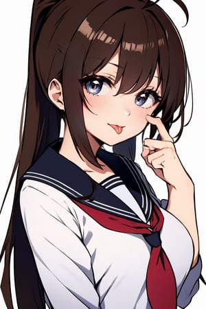 (masterpiece),(best quality), 

(closed mouth:1.1), upper body, ahoge,  (hand up:1.2), tongue out,  :p, akanbe,

1girl, solo, long hair, looking at viewer, simple background, brown hair, long sleeves, white background, brown eyes, school uniform, upper body, serafuku, tongue, tongue out, sailor collar, neckerchief, :p, red neckerchief,  folded ponytail, akanbe