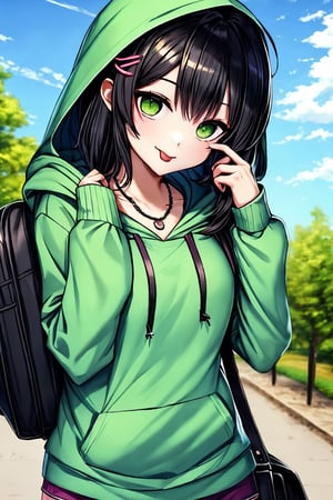 (masterpiece),(best quality), 

(closed mouth:1.1), upper body, (hand up:1.2), tongue out, akanbe,

open clothes, shorts, green eyes, necklace, green shirt, outdoors, hood,

hair ornament, upper body, outdoors, hairclip, bag, hoodie, hood down, hooded jacket, black bag