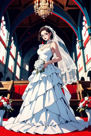 masterpiece, high quality, HD, beautiful, 1 girl, 21 years old woman, perfect slim body, long dark hair, (big round breast:1.4), seductive smile, (red lipstick:1.4), (white wedding dress:1.4), short glasses, full body, in a church, daylight, rgbcolor