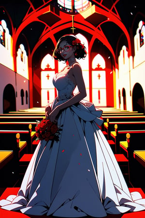 masterpiece, high quality, HD, beautiful, 1 girl, 21 years old woman, perfect slim body, long dark hair, (big round breast:1.4), seductive smile, (red lipstick:1.4), (white wedding dress:1.4), short glasses, full body, in a church, daylight, rgbcolor, blacklight