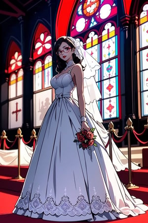 masterpiece, high quality, HD, beautiful, 1 girl, 16 years old teenage, perfect slim body, long dark hair, (big round breast:1.4), seductive smile, (red lipstick:1.4), (white wedding dress:1.4), short glasses, full body, in a church, daylight, blacklight