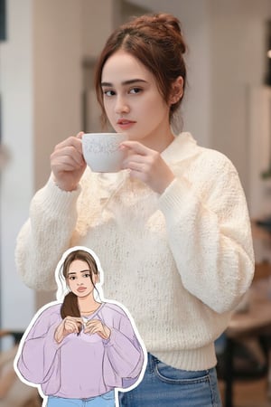 A Syifa Hadju in a pastel-colored oversized sweater, standing in a minimalist coffee shop, sipping tea with a thoughtful gaze. Overlapping with the image, there is a vector illustration of the same woman.,