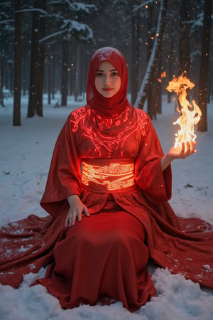 a woman AdelliaHalim with very wide glowing red hijab sitting in the snow, red hijab goddess, wearing a traditional Japanese red kimono with a futuristic twist, amouranth, front view, in the snow, dark forest, heavy snowfall,  red head, long ginger hijab, with long red hijab, red waist-long hijab, wild ginger hijab, as hug large fire crackles from her hand, very large fire on hand, the fire burned high.