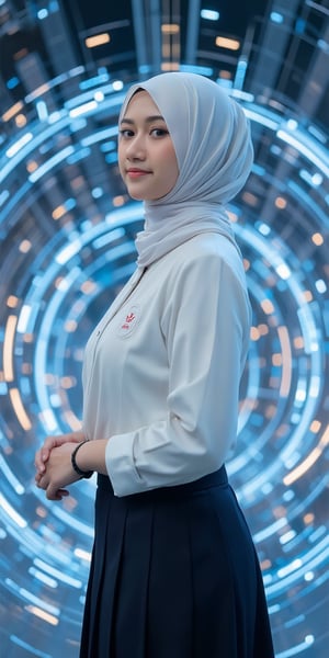 An AdelliaHalim with white hijab aspiring talent gazes ahead, she wearing japanese school uniform. She stands in a modern AI-driven world where digital projections swirl around her. Her eyes shine with hope and unwavering determination, symbolizing the pursuit of her dream to become a star. Full-body portrait, capturing her whole figure, the mix of tradition and technology, and the light of ambition in her expression, Mecha