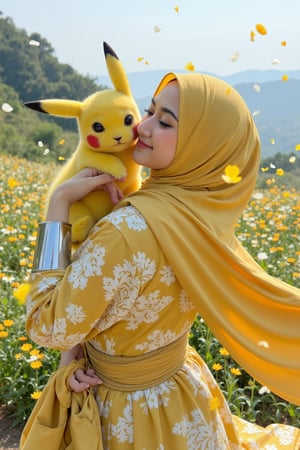 A lovely Pikachu stands serenely on the shoulder of a young woman AdelliaHalim clad in mecha kimono with metallic armor, its adorable face upturned as wind whispers through her long yellow hijab. The vast flower field at the mountain's peak stretches out before them, petals gently falling all around like confetti. Foliage shadows dance across their faces and bodies, while lens flares and sunlight shadows add a touch of drama to this whimsical scene.