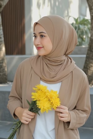 Candid moment on a sun-kissed sidewalk: a radiant woman adelliahalim wearing hijab in a trench coat and crisp white shirt holds and kisses a vibrant bouquet of yellow flowers. Natural light dances across her features as she's lost in thought, the blurred background and bokeh effect creating a sense of intimacy. Soft lighting accentuates her bright smile, while super detailed textures bring the scene to life.