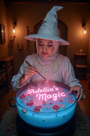 70mm lens, full-color photograph with deep shadows, cinematic volumetric lighting, and realistic three-quarter view illumination. Film grain adds a nostalgic feel, enhancing the 1980s cinematic vibe. Background: a dim, mystical witch's hut, with AdelliaHalim dressed in a white princess costume, white hijab, and a large, traditional white Magician's hat that adds a whimsical touch. From a top-down view, she stirs a blue cauldron filled with a glowing pink, soup-like liquid. Rose petals float delicately on the surface, while soft pink luminescent text in the liquid spells out **"Adellia's Magic"**, appearing like swirling smoke. Warm orange light fills the background, casting an inviting glow over the scene.