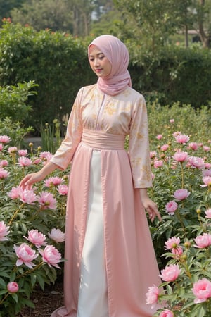 AdelliaHalim's pink hijab cascades like a golden waterfall as she stands full body amidst a lush garden, surrounded by thousands of delicate peonies. The soft sunlight casts a cold glow on her serene face and the vibrant petals, creating a stunning contrast. Her traditional Chinese hanfu dress flows around her slender figure, blending harmoniously with the natural beauty of the flowers.