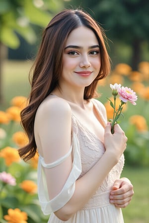 A stunningly front view beautiful Syifa Hadju embodying the essence of femininity, fertility, and purity, standing gracefully in a sunlit meadow filled with blooming wildflowers. Her long, brown hair, reminiscent of golden wheat, cascades down her back, catching the light and shimmering like a halo around her. She wears a delicate, ethereal gown made of soft, sheer fabric that billows gently with the breeze, accentuating her graceful figure and evoking a sense of innocence and serenity. The camera captures her from a low, upward angle, emphasizing her stature and the divine quality of her presence, making her appear as if she is emerging from nature itself. The sunlight filters through the trees, creating a dappled effect around her, and illuminating her flawless skin, which glows with a natural radiance. Her deep green eyes, reflecting the beauty of the meadow, are filled with warmth and compassion, inviting viewers to connect with her essence. In one hand, she holds a cluster of vibrant wildflowers, symbolizing life and fertility, while the other gently rests on her heart, signifying love and purity. The background is a soft blur of colorful flowers and greenery, creating a dreamy atmosphere that enhances her ethereal beauty. This portrait captures not only the visual appeal but also the profound essence of womanhood, leaving viewers in awe of the stunning portrayal of femininity and grace.