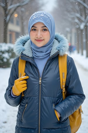 Masterpiece, solo, front view, eye-level shot of a beautiful AdelliaHalim wearing blue hijab with standing in a heavy snowy winter scene. She wears a blue leather jacket, yellow leather backpack, and yellow gloves, with a light blue fur hood adding warmth. The blurred background contrasts sharply with her clothing. 128k, 80mm, Neo-Rococo Art.