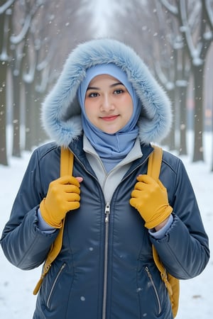 Masterpiece, solo, front view, eye-level shot of a beautiful AdelliaHalim wearing blue hijab with standing in a heavy snowy winter scene. She wears a blue leather jacket, yellow leather backpack, and yellow gloves, with a light blue fur hood adding warmth. The blurred background contrasts sharply with her clothing. 128k, 80mm, Neo-Rococo Art.