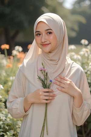 A stunningly front view beautiful adelliahalim wearing hijab embodying the essence of femininity, fertility, and purity, standing gracefully in a sunlit meadow filled with blooming wildflowers. Her long, cream hijab covered head, reminiscent of golden wheat, cascades down her back, catching the light and shimmering like a halo around her. She wears a delicate, ethereal gown made of soft, sheer fabric that billows gently with the breeze, accentuating her graceful figure and evoking a sense of innocence and serenity.

The camera captures her from a low, upward angle, emphasizing her stature and the divine quality of her presence, making her appear as if she is emerging from nature itself. The sunlight filters through the trees, creating a dappled effect around her, and illuminating her flawless skin, which glows with a natural radiance. Her deep green eyes, reflecting the beauty of the meadow, are filled with warmth and compassion, inviting viewers to connect with her essence.

In one hand, she holds a cluster of vibrant wildflowers, symbolizing life and fertility, while the other gently rests on her heart, signifying love and purity. The background is a soft blur of colorful flowers and greenery, creating a dreamy atmosphere that enhances her ethereal beauty. This portrait captures not only the visual appeal but also the profound essence of womanhood, leaving viewers in awe of the stunning portrayal of femininity and grace.