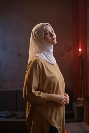 UrbanPhoto, A portrait full body of adelliahalim, captured in a side profile. She stand and illuminated by a warm, ambient light that casts a soft glow on her face and hijab, highlighting her white hijab. The woman is wearing a mustard-colored shirt, and her gaze is directed away from the camera, creating a sense of introspection. The background is blurred, with a mix of red and blue hues, suggesting a modern or artistic setting. The overall mood of the image is serene and contemplative, with the play of light and shadow adding depth and dimension.