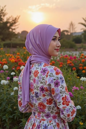 fashion photography, AdelliaHalim wearing purple hijab, modern fashion, urban lighting, minimalist garden background, maximalist color flower pattern clothing, unexpected color pattern, branded clothing, iranian model, hijab, the background of a large sun flower garden clear summer dusk. dslr, 4k, 120fps, ultra realistictography, fashion shot, multiple options with different shoot angles.