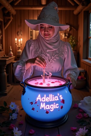 70mm lens, full-color photograph with deep shadows, cinematic volumetric lighting, and realistic three-quarter view illumination. Film grain adds a nostalgic feel, enhancing the 1980s cinematic vibe. Background: a dim, mystical witch's hut, with Adellia Halim dressed in a white princess costume, white hijab, and a large, traditional white Magician's hat that adds a whimsical touch. From a top-down view, she stirs a blue cauldron filled with a glowing pink, soup-like liquid. Rose petals float delicately on the surface, while soft pink luminescent text in the liquid spells out 'Adellia's Magic,' appearing like swirling smoke. Warm orange light fills the background, casting an inviting glow over the scene.